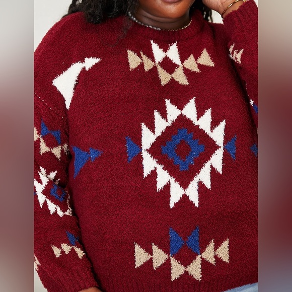 NEW HEYSON Plus Size Southwest Aztec Pattern Soft Fuzzy Sweater in Red Wine - Picture 2 of 4